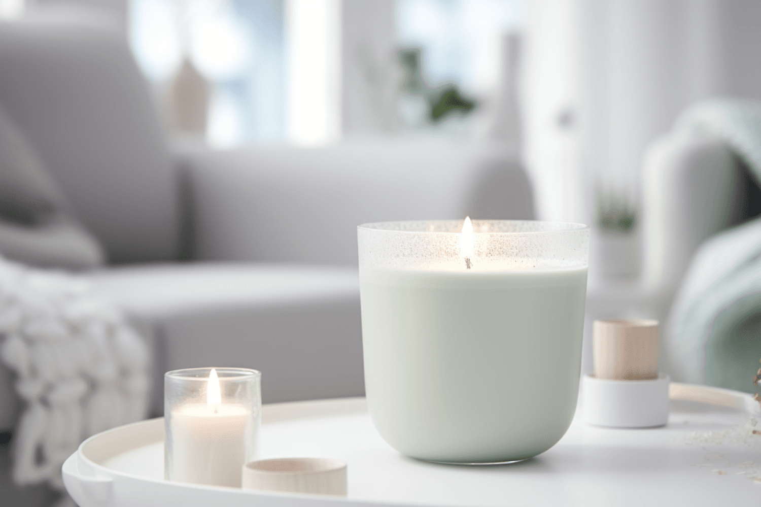 Lit candles on a white table in a bright living room